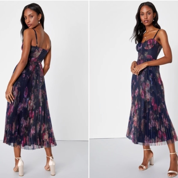 Lulu's Navy Floral Pleated Midi Dress with Pink and Purple Blooms - Picture 3 of 5